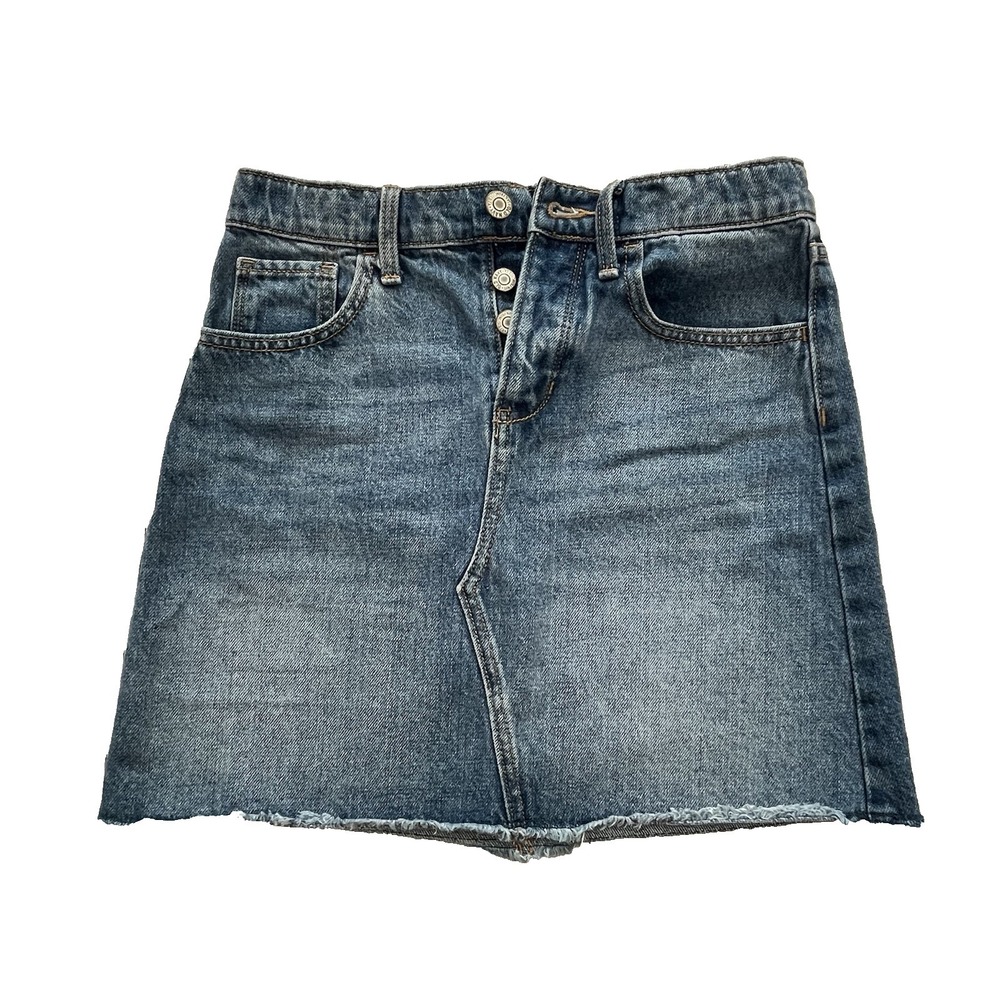 Old Navy Button Fly Jean Denim Skirt Girls L 10 12 Blue Mini Short Elastic Waist